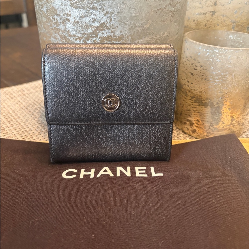 CHANEL Black Leather Compact Fold Wallet with Silver Hardware